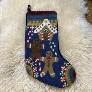 HEIRLOOM LATCHHOOK GINGERBREAD HOUSE COOKIES CHRISTMAS STOCKING BLUE VELVET